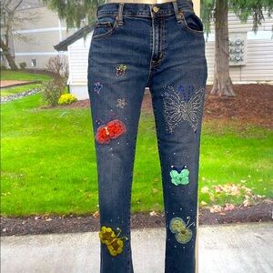 Women’s UPCYCLED HAND CRAFTED GAP Blue Jeans with Butterfly Designs Sz 29/8L